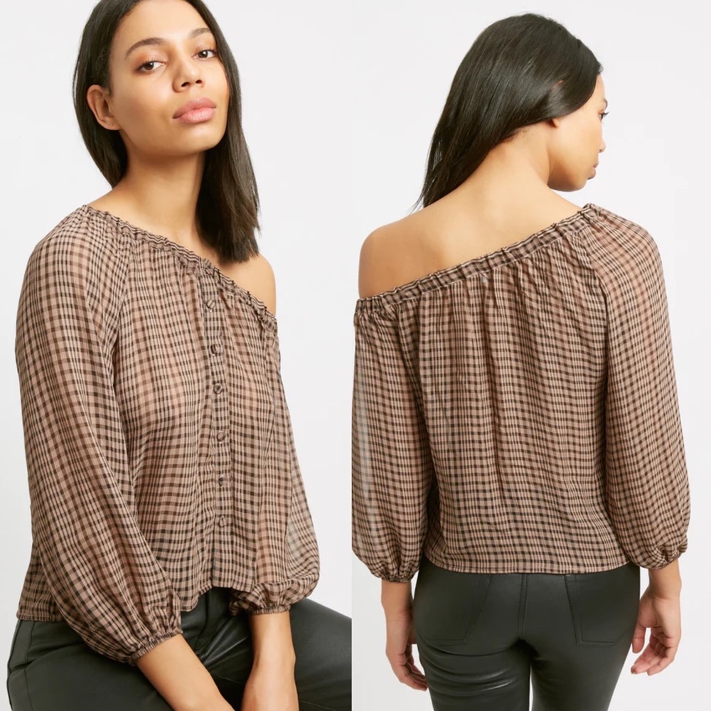 Kookai Brown Plaid Off-Shoulder Blouse